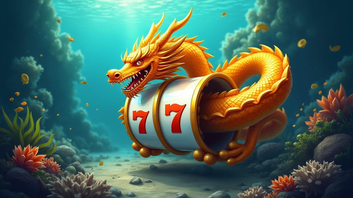 Een gouden draak die zich uitbreidt over een slotrol in een levendige onderwateromgeving.