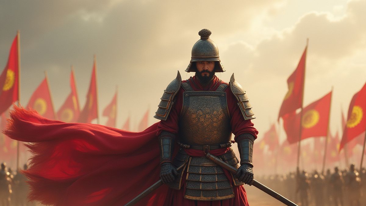 Guerrier chinois en armure traditionnelle sur un champ de bataille.