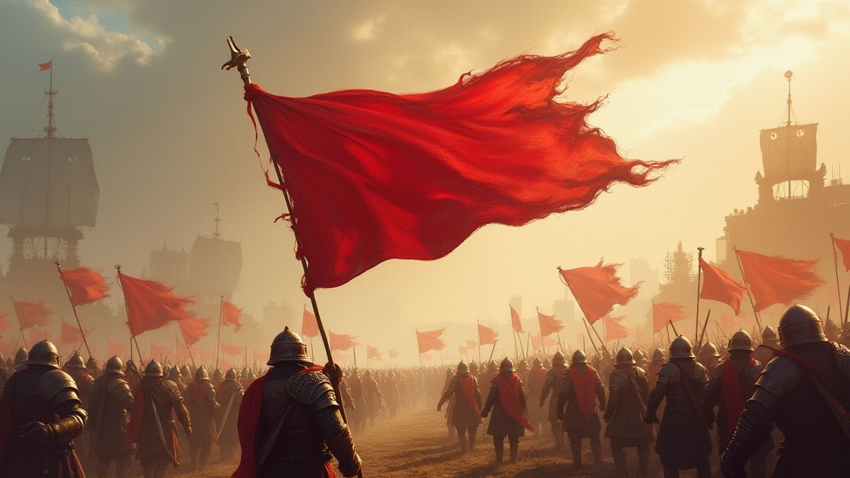 Drapeau rouge ondulant sur un champ de bataille.