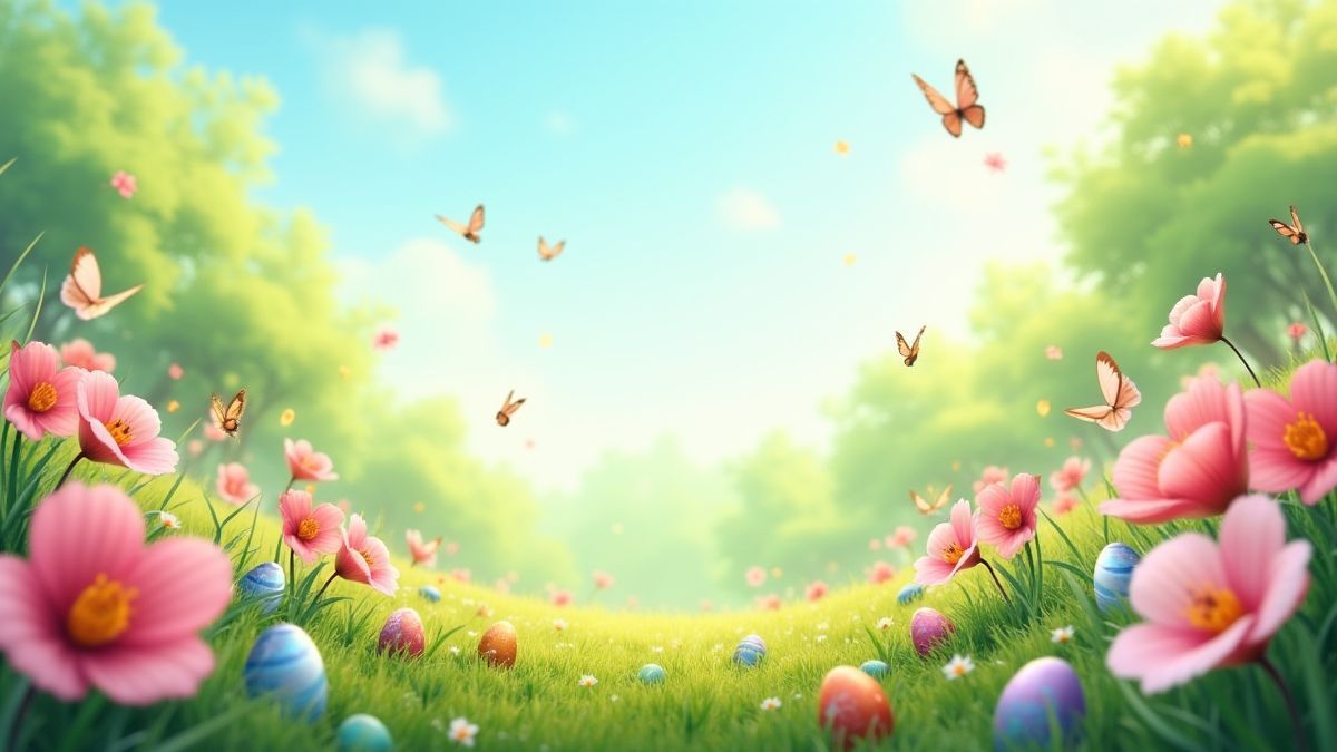 Un pré animé avec des fleurs colorées et des œufs de Pâques.
