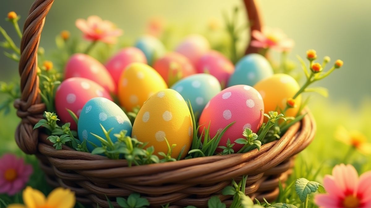 Panier rempli d'œufs de Pâques colorés et de fleurs.
