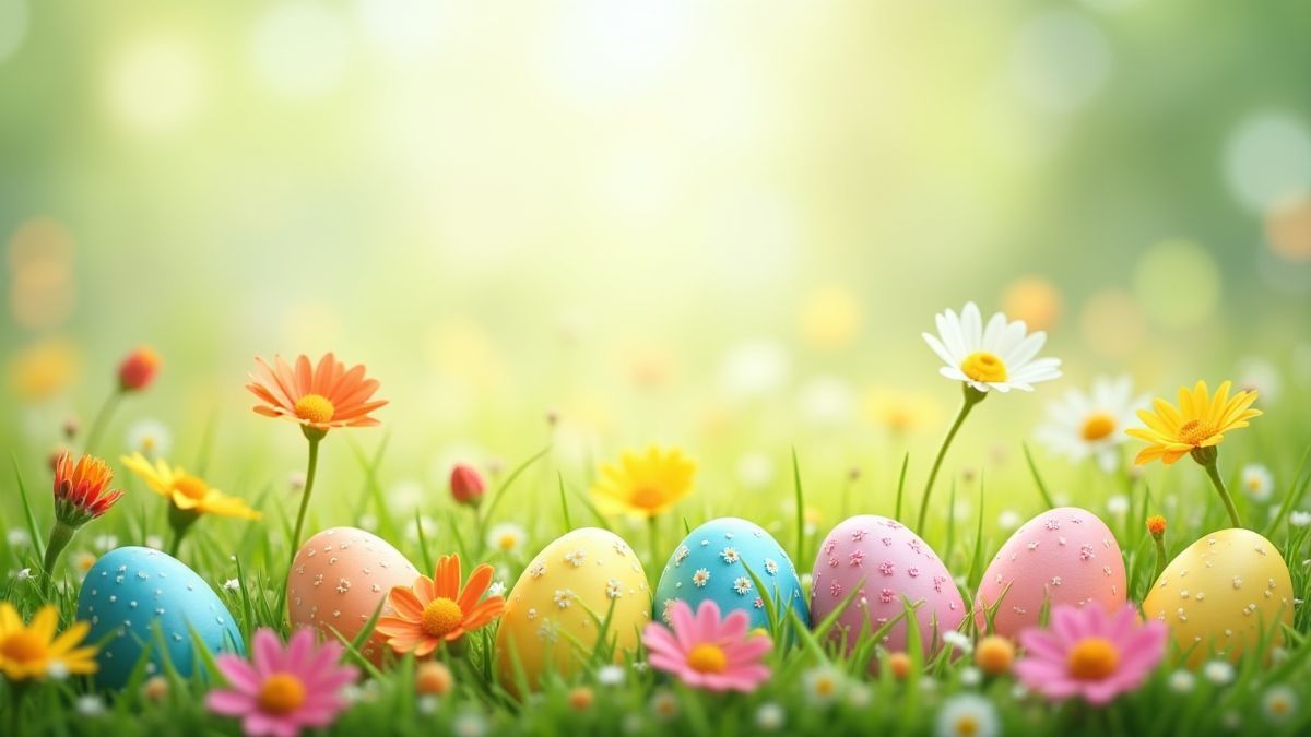 Champ de Pâques avec des œufs colorés et des bonbons parmi des fleurs.