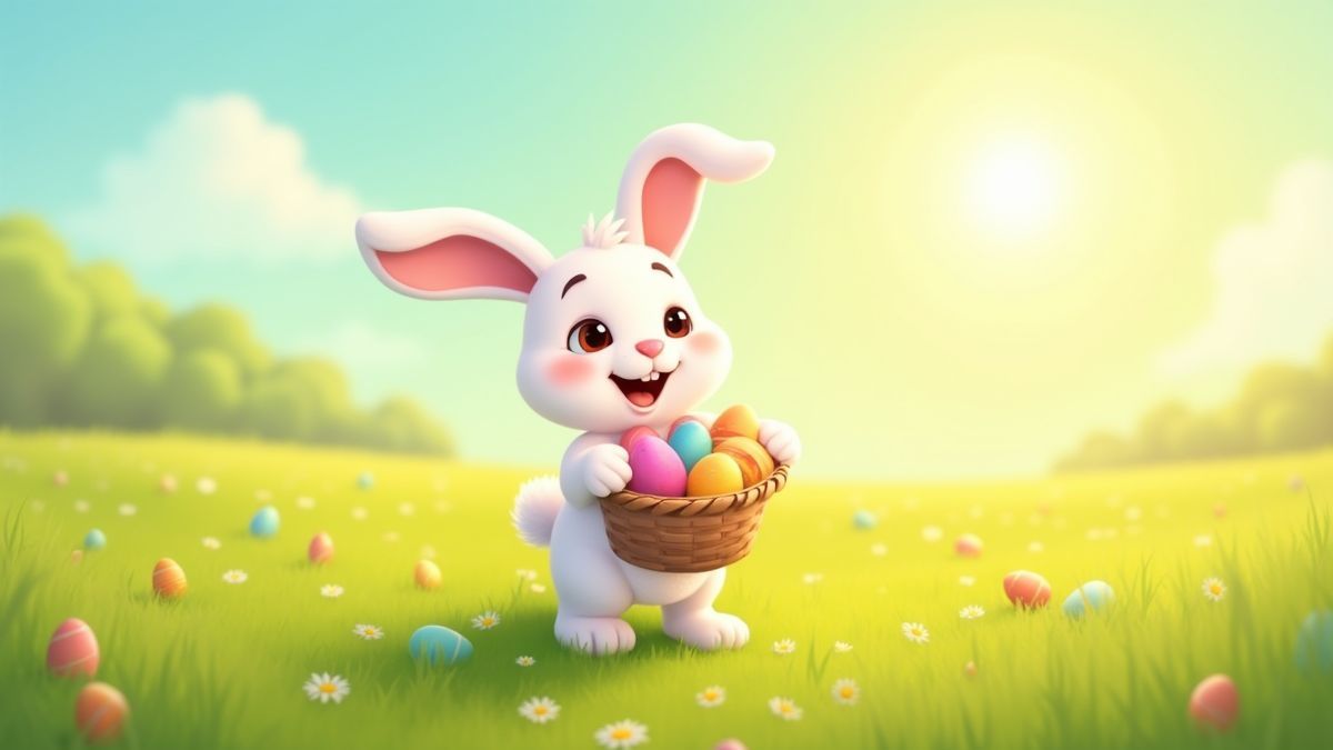 Lapin animé tenant un panier rempli d'œufs colorés dans un champ ensoleillé.