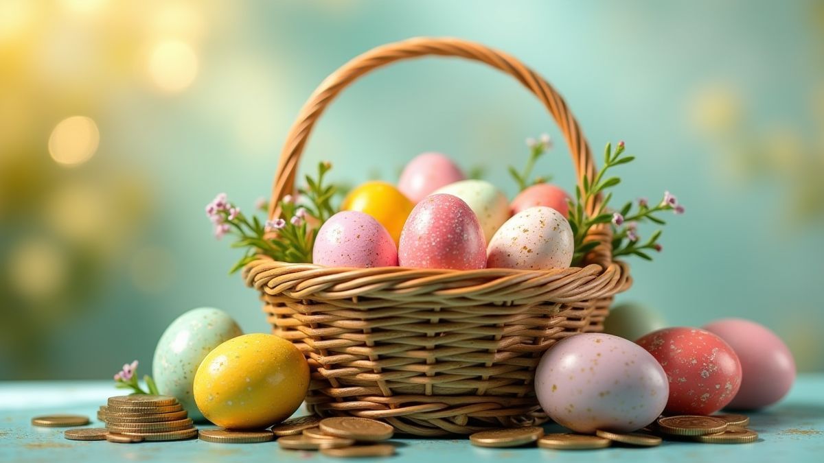 Feestelijke mand vol met kleurrijke eieren en munten.