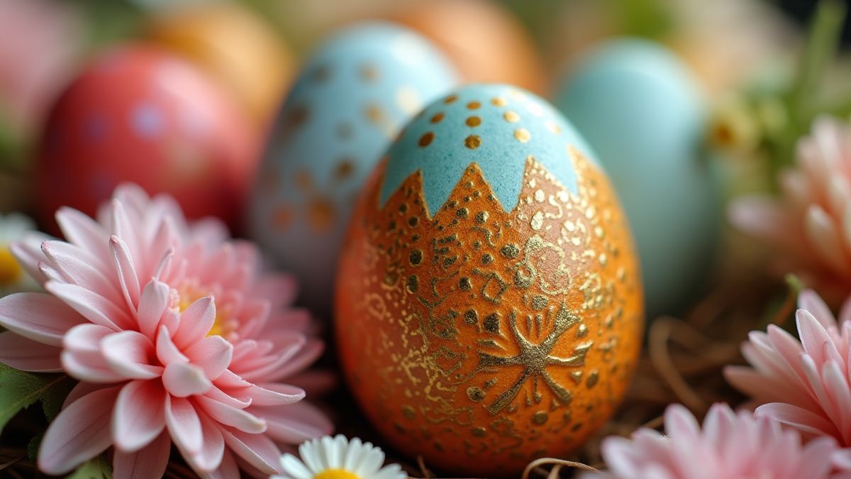 A decorated Easter egg with intricate patterns and fresh flowers.