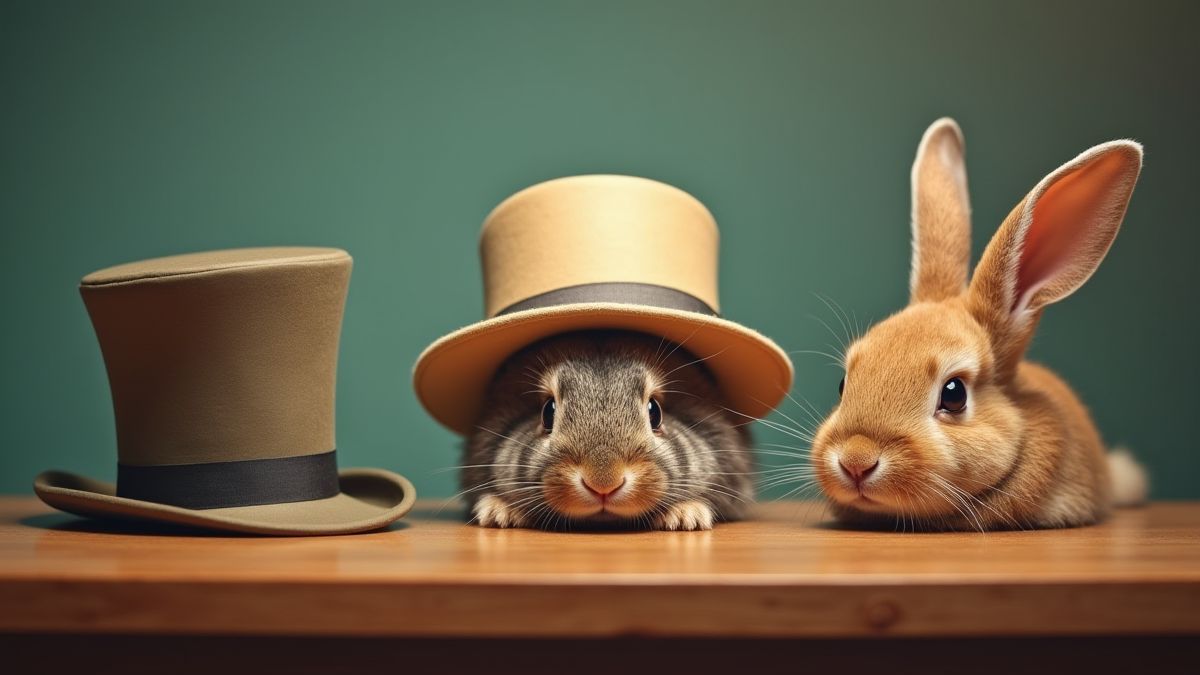 Three hats on a table, one hiding a playful bunny.