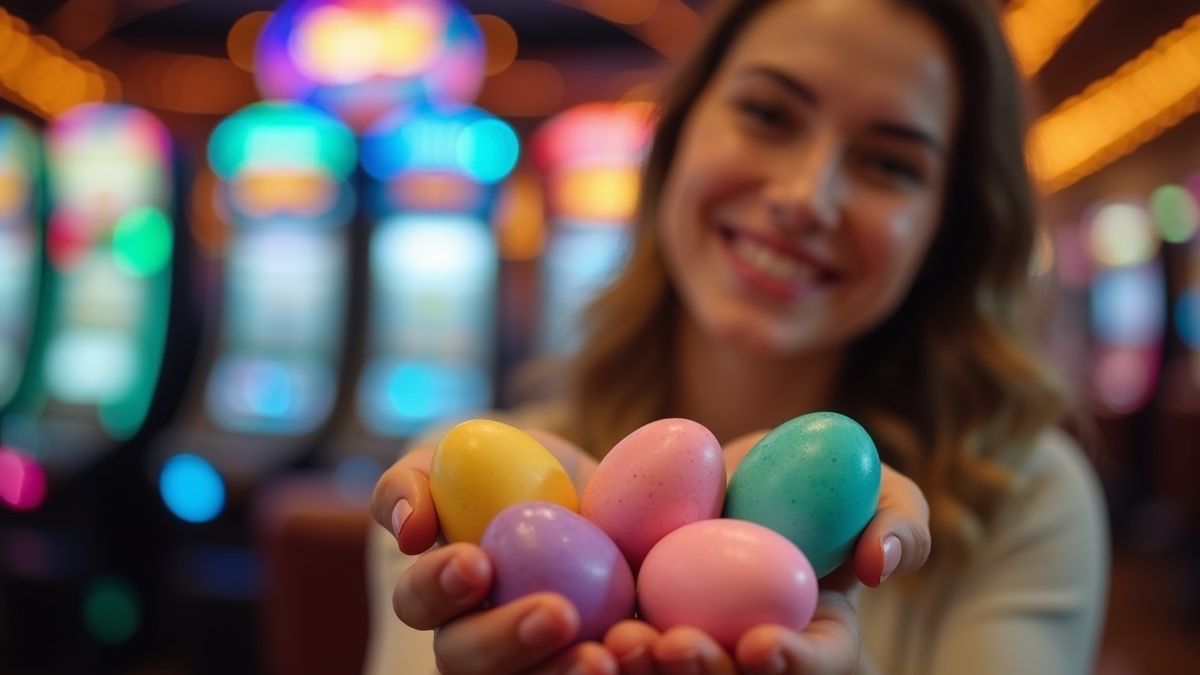 A smiling player with colorful Easter eggs and a slot machine in the background.