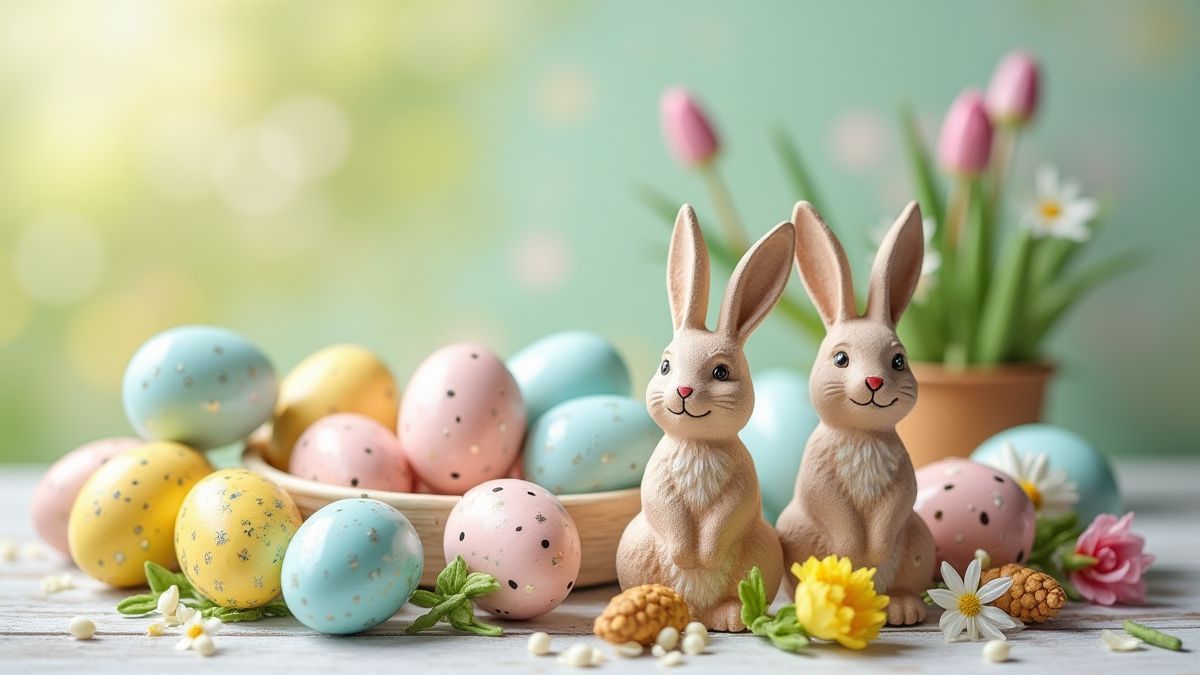 Decorações de Páscoa em uma mesa com ovos pintados e figuras de coelhos.