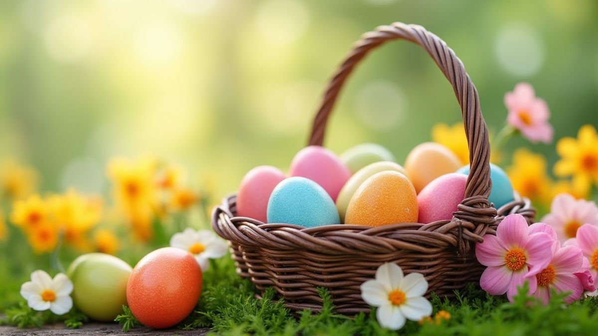 Cesta cheia de ovos de Páscoa rodeada de flores primaveris.