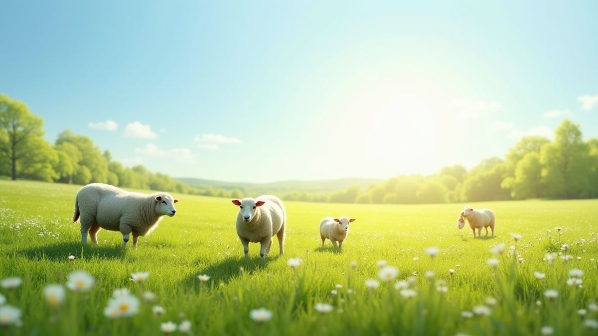 Prado pitoresco com ovelhas pastando sob um céu primaveral.