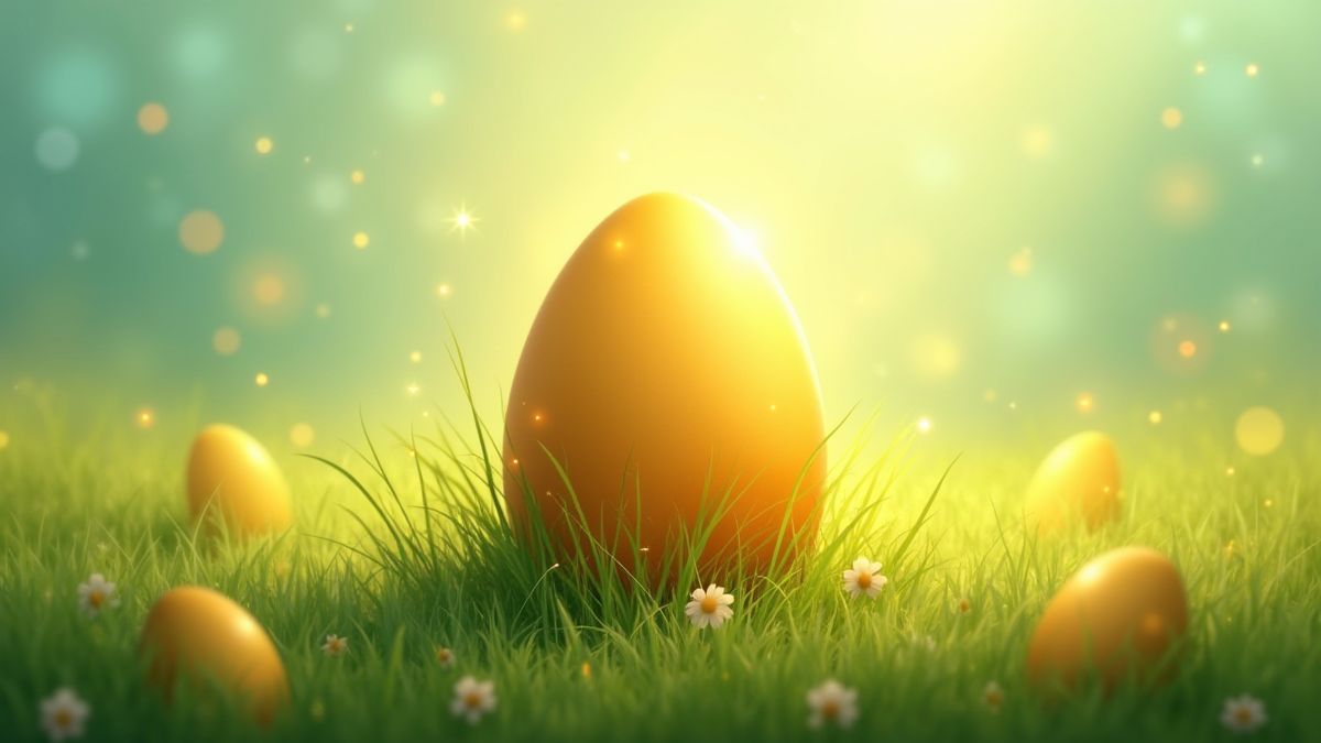 Um ovo dourado de Páscoa rodeado de brilhos em um prado verde.