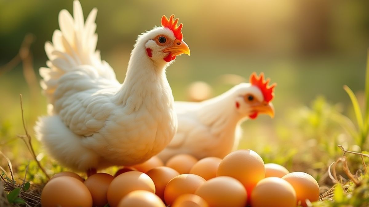 Uma galinha branca pondo ovos dourados em um cenário de fazenda ensolarado.