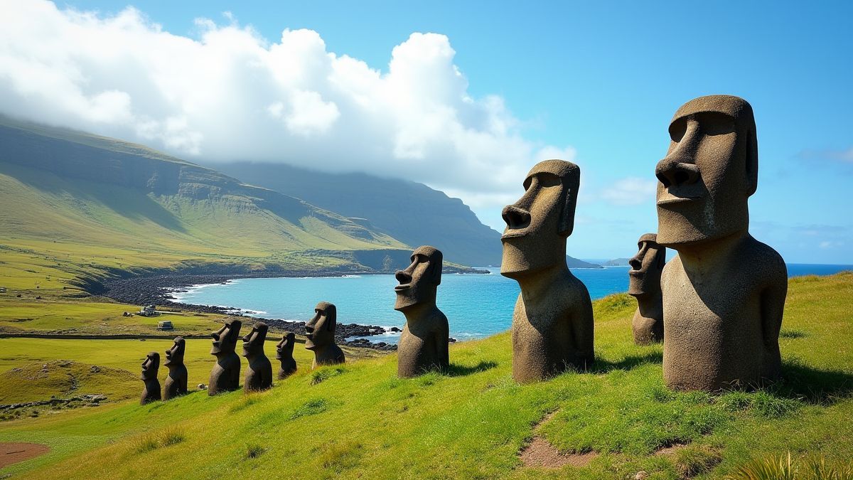 Tropisch eiland met Moai-beelden en levendige fauna.