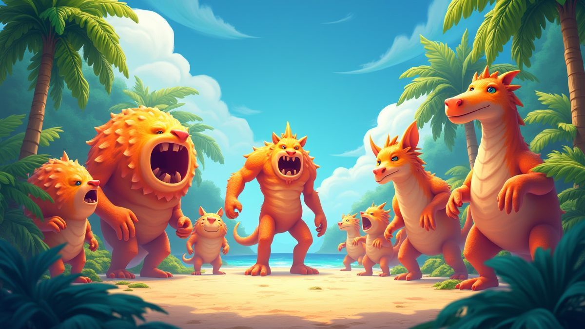 Vibrante animatie van kolossale symbolen in een tropische omgeving.