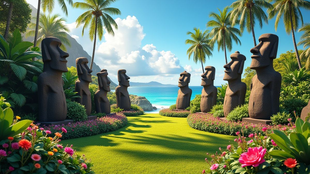 Tropisch landschap met Moai beelden en weelderige vegetatie.