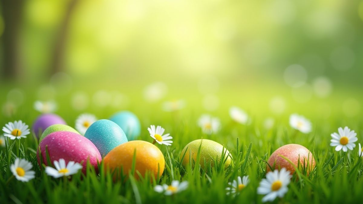 Huevos de Pascua en una pradera verde.