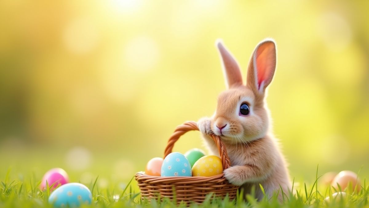 Conejo alegre con una cesta llena de huevos de Pascua.
