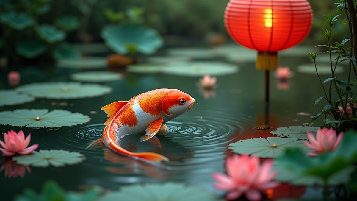 Koi-Karpfen, der in einem mit Lotos gefüllten Teich unter einer roten Laterne schwimmt.