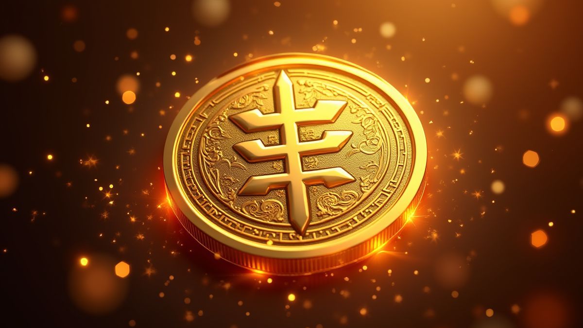 Goldene Münze mit chinesischen Designs, umgeben von leuchtenden Funken.