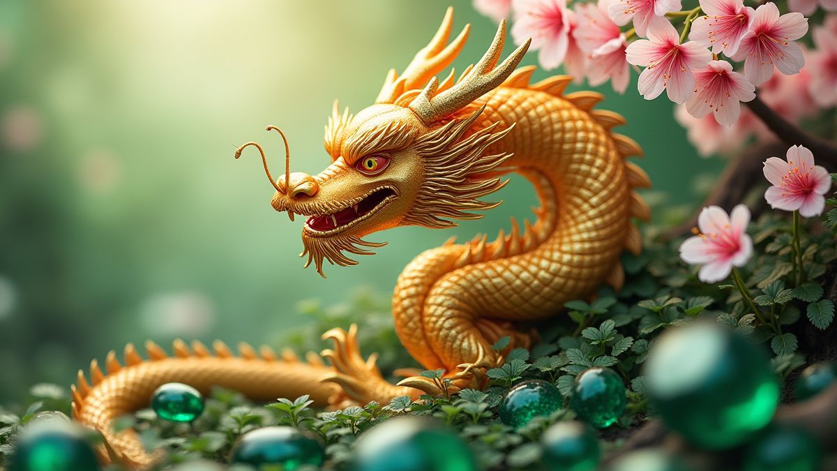 Golden dragon surrounded by emeralds and cherry blossoms.