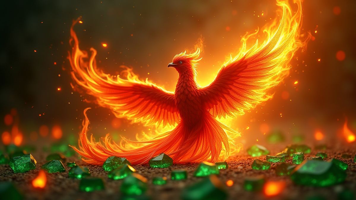 Phoenix surrounded by flames and glowing emeralds.