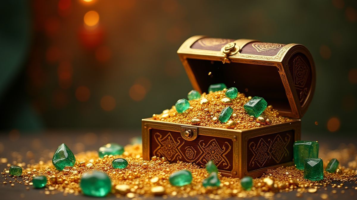 Treasure chest overflowing with gold and emeralds in an oriental setting.