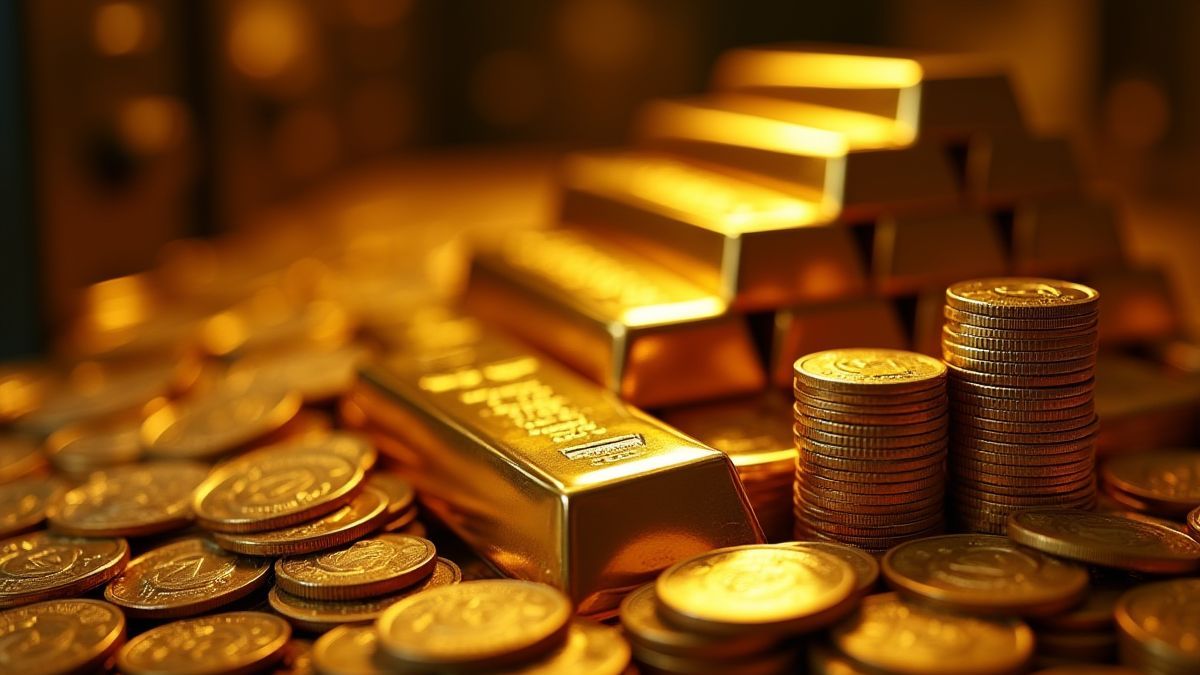 Gouden staven en munten die stralen in een kluis.