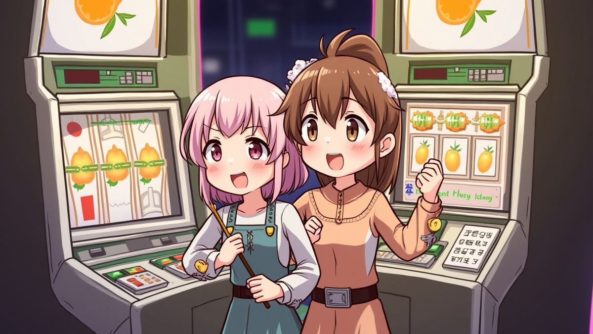 Joueurs animés profitant d'une machine à sous citrique.