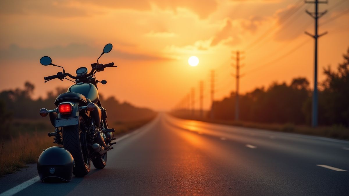 Route au coucher du soleil avec une moto garée
