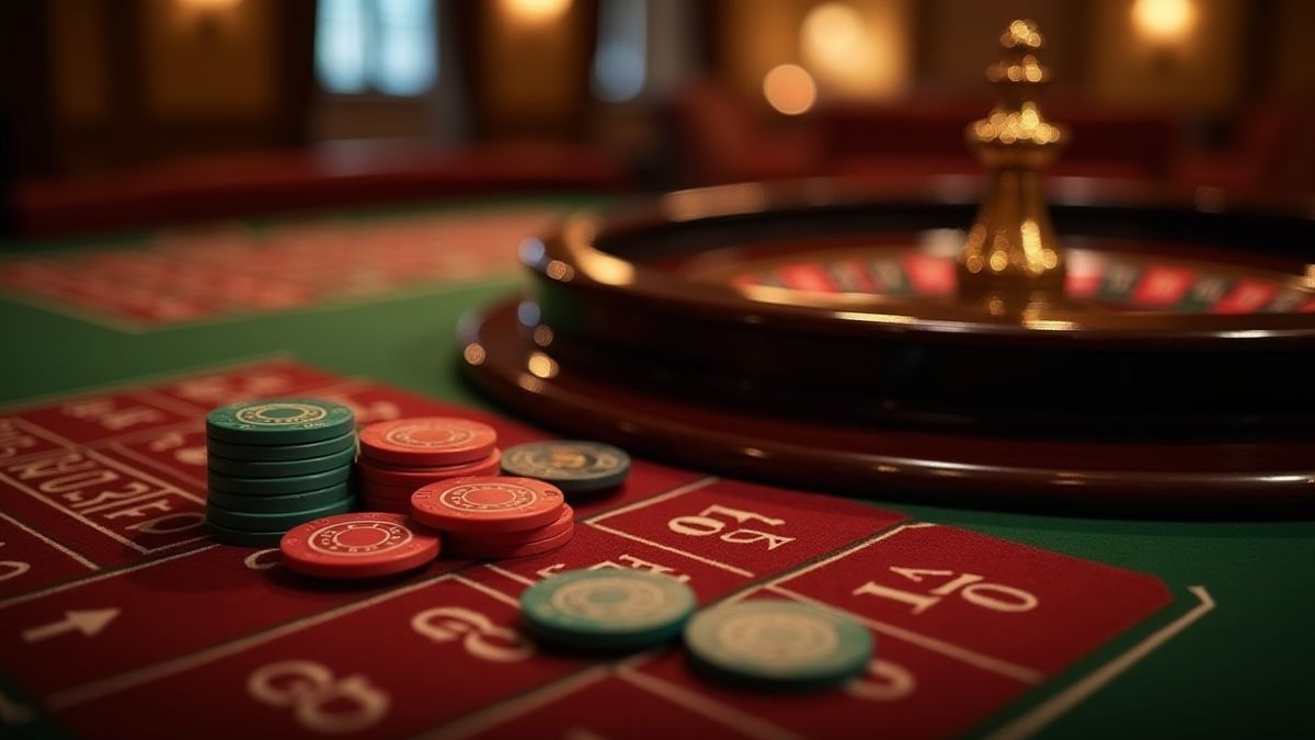 Classic roulette table with chips and a spinning wheel in a luxurious casino.