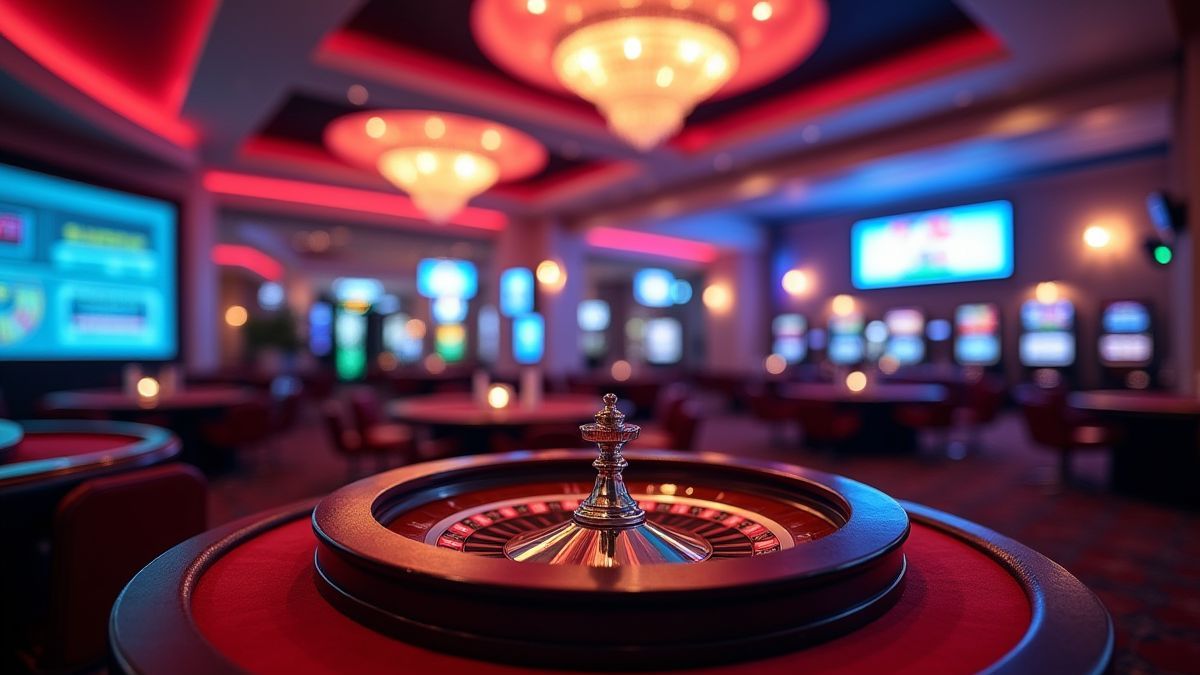 Luxurious casino with vibrant lights and a roulette wheel as the centerpiece.