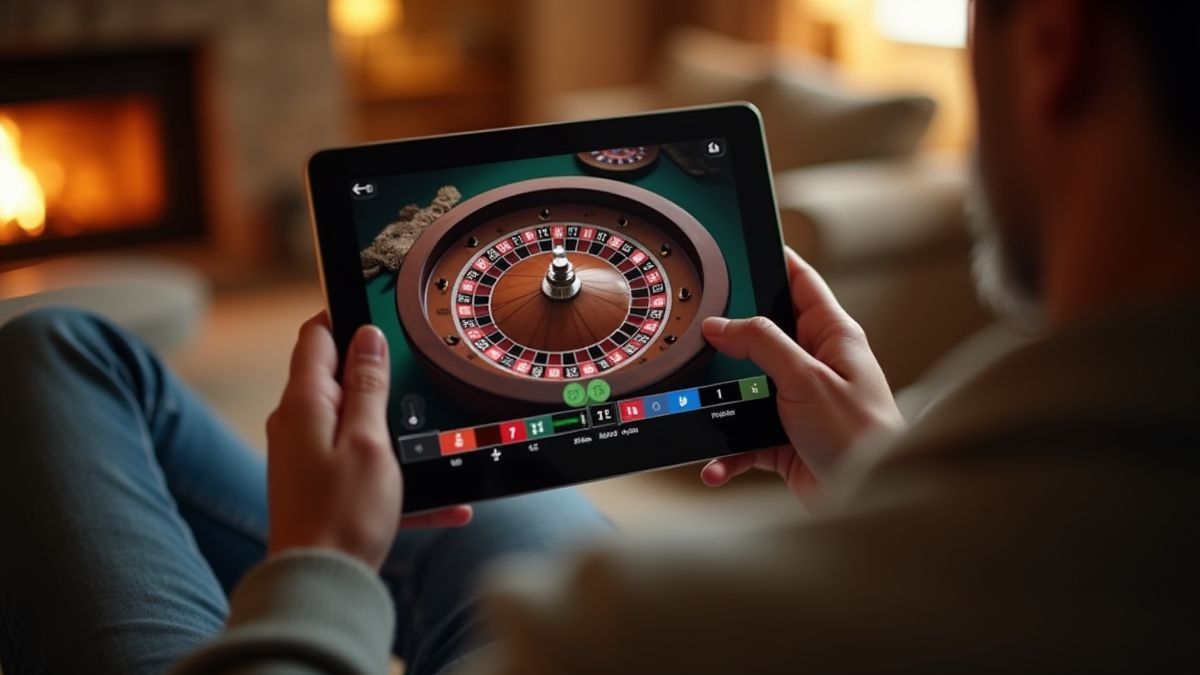 Person playing roulette on a tablet in a cozy living room.