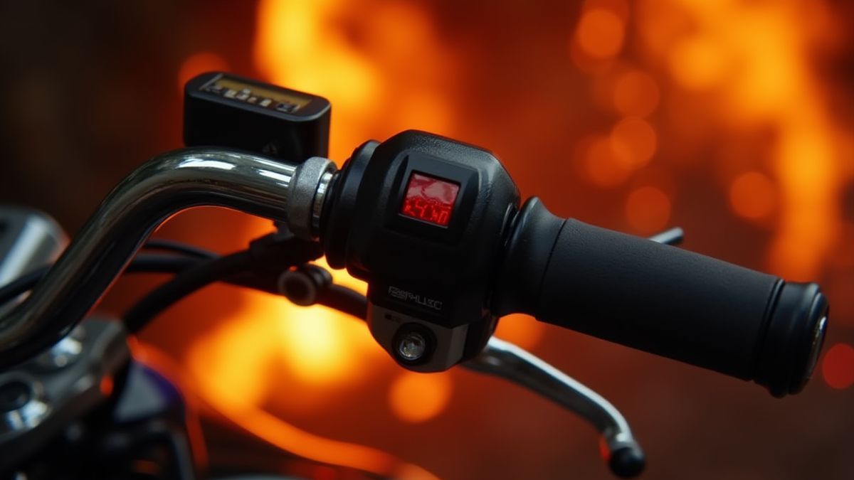 Motorcycle handlebars with flames in the background.
