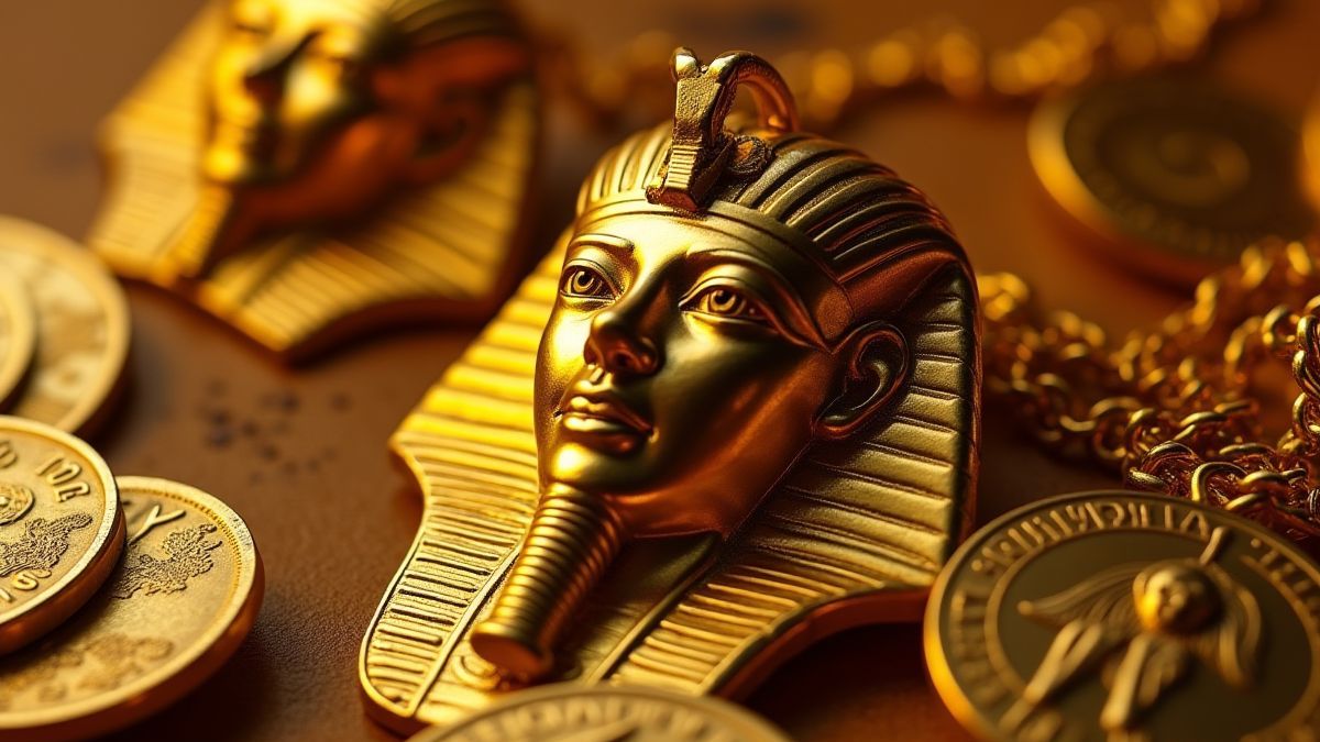 Tesoros egipcios dorados como monedas y máscaras de faraones.