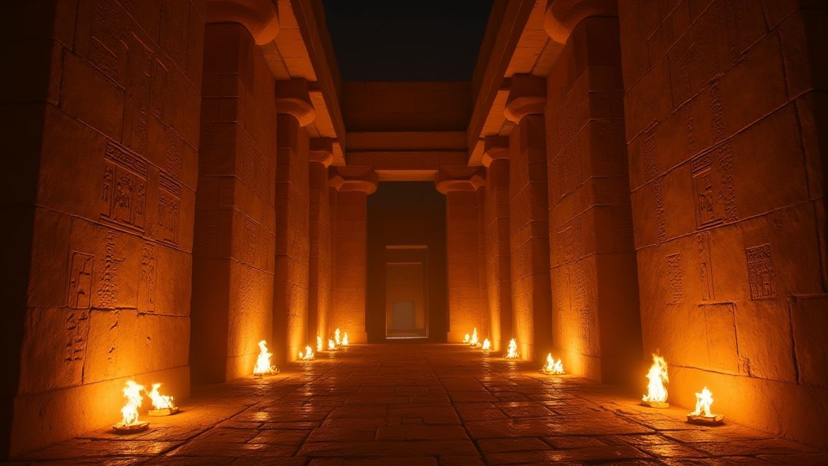 Interior de un templo egipcio iluminado por antorchas y jeroglíficos.