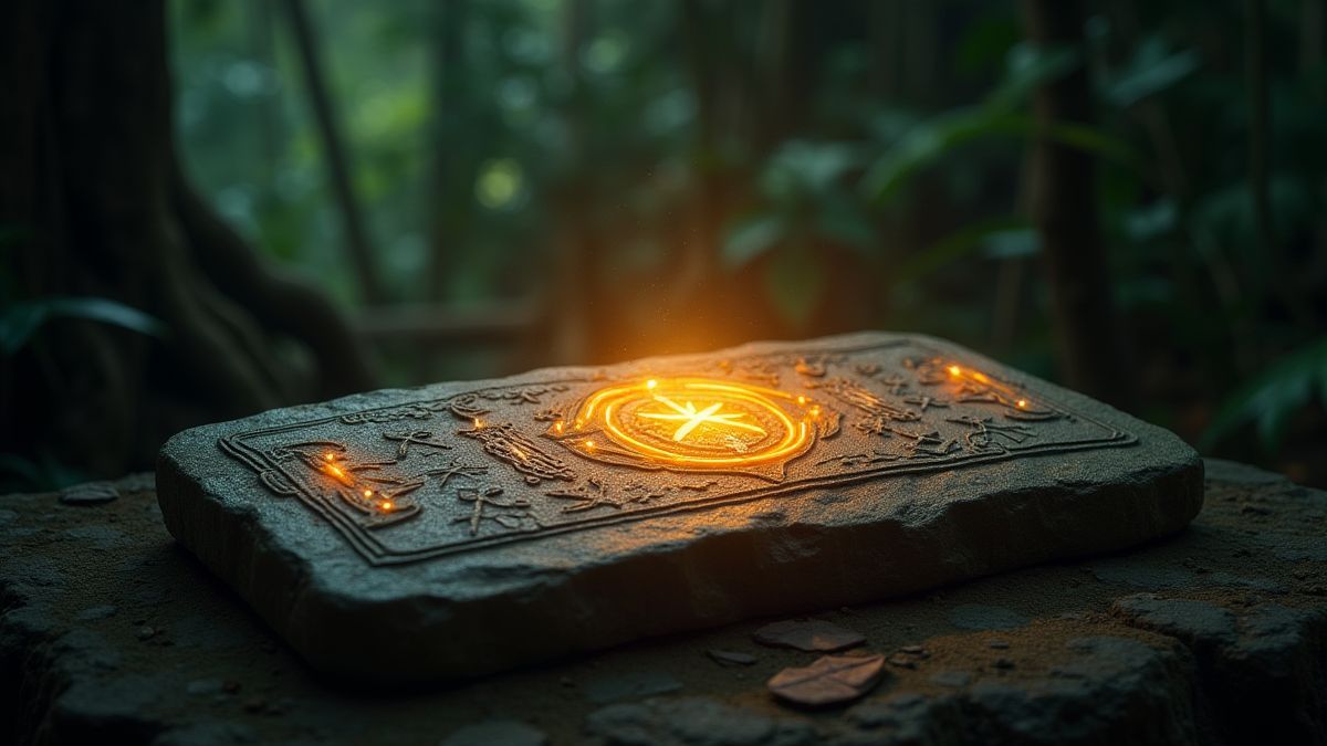 Tablette ancienne avec des symboles gravés dans la jungle.