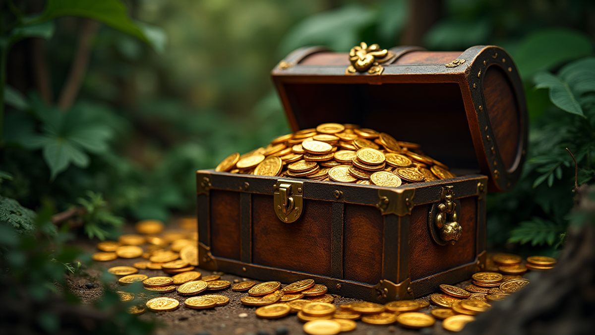 Coffre au trésor rempli de pièces d'or et d'artefacts anciens dans la jungle.
