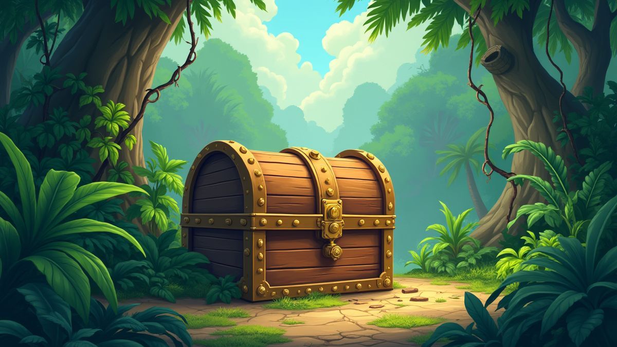 Treasure chest surrounded by jungle vegetation and ancient ruins.