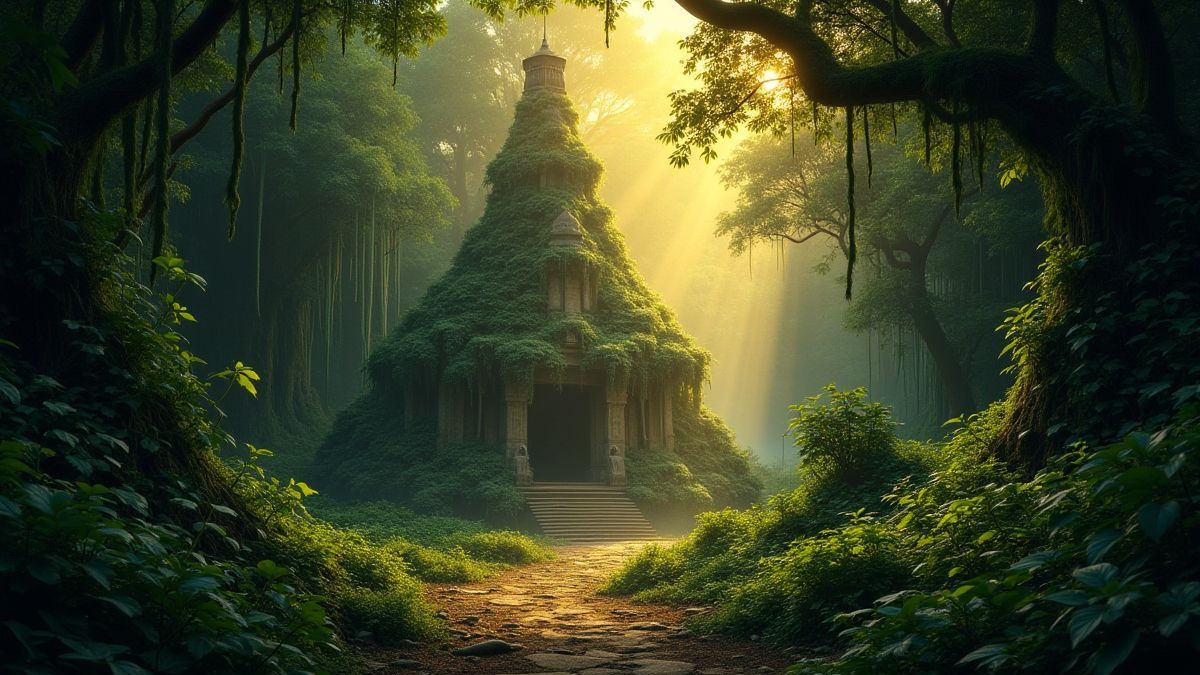 Ancient temple in the jungle with vines and golden light.
