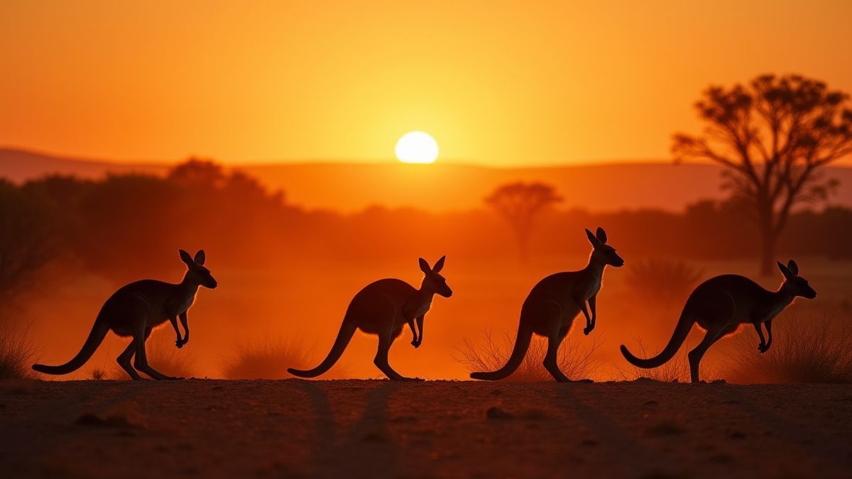 El Outback australiano al atardecer con canguros saltando.