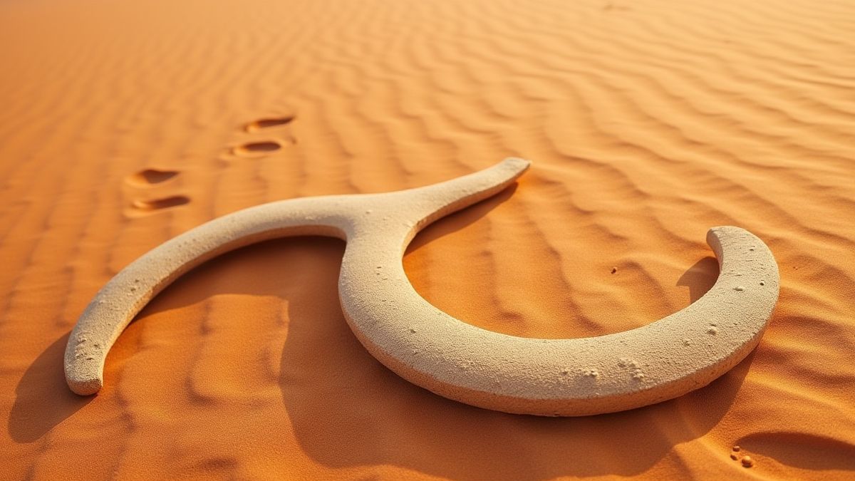 Un boomerang en la arena del desierto con huellas cercanas.