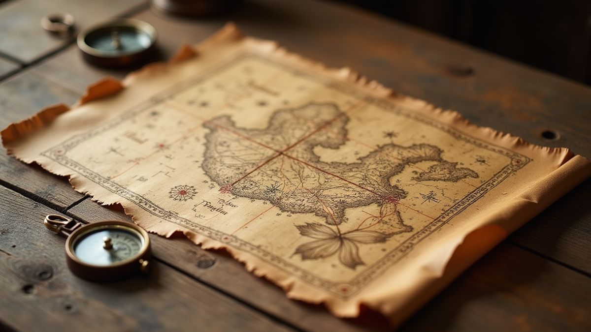 Un mapa del tesoro sobre una mesa de madera con una brújula.