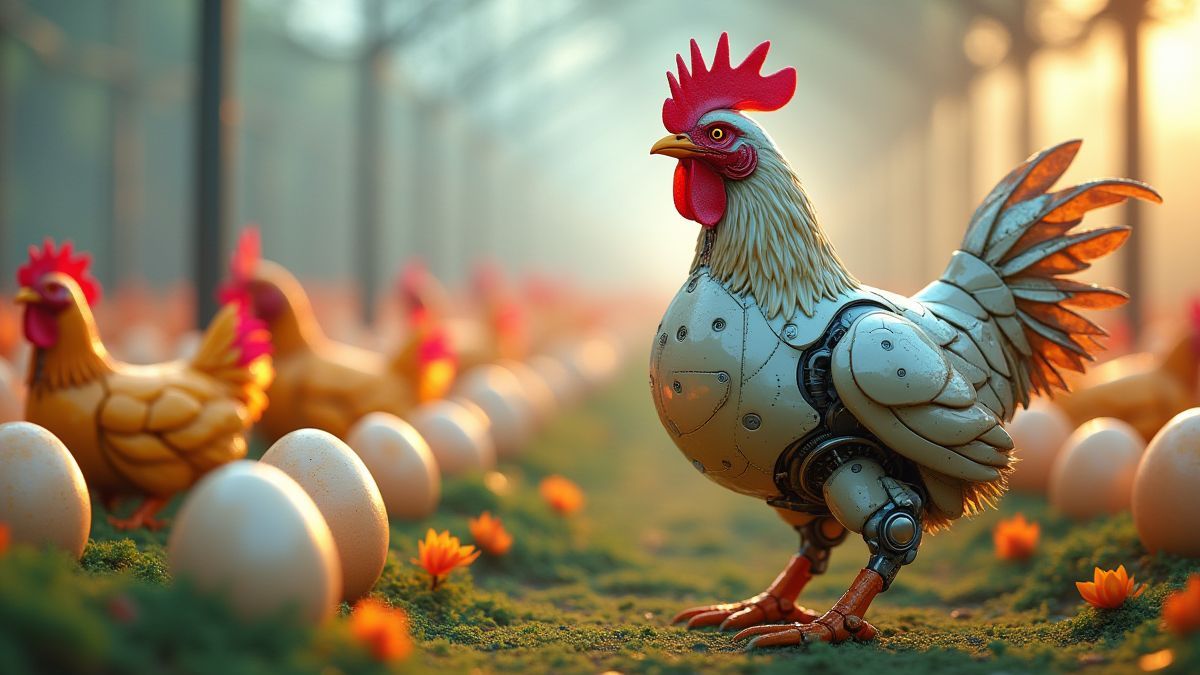 Futuristische Farm mit Robotergänsen und mechanischen Eiern.