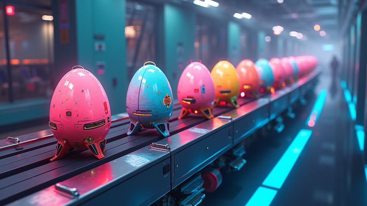 Bunte mechanische Eier auf einem futuristischen Förderband.