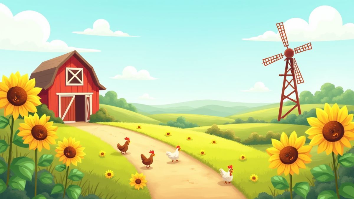 Fröhliche Farm mit Sonnenblumen, Windmühle und animierten Hühnern.