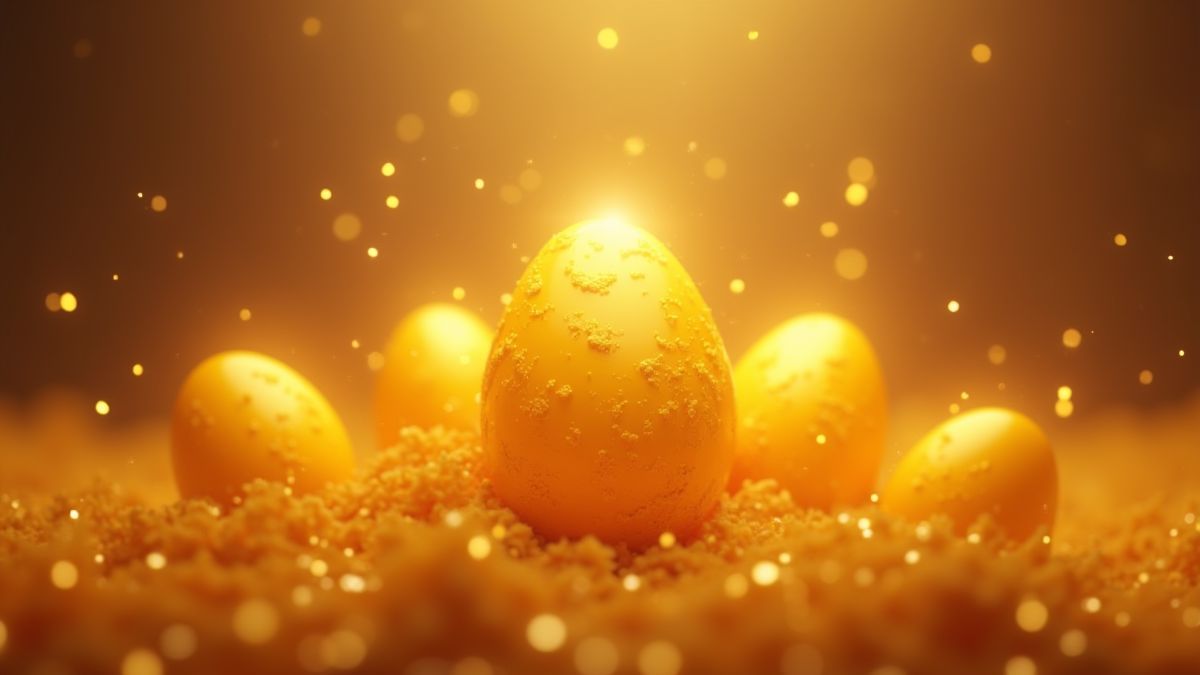 Goldene Eier mit funkelnden Effekten, die große Preise darstellen.