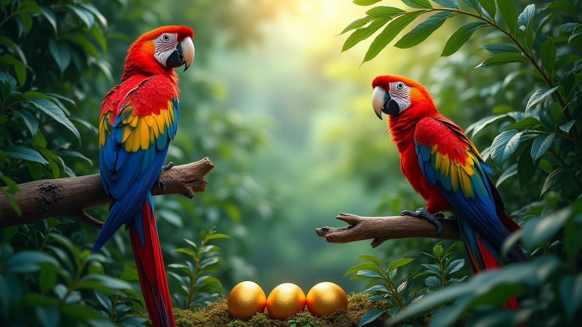 A tropical jungle with vibrant parrots and hidden golden eggs