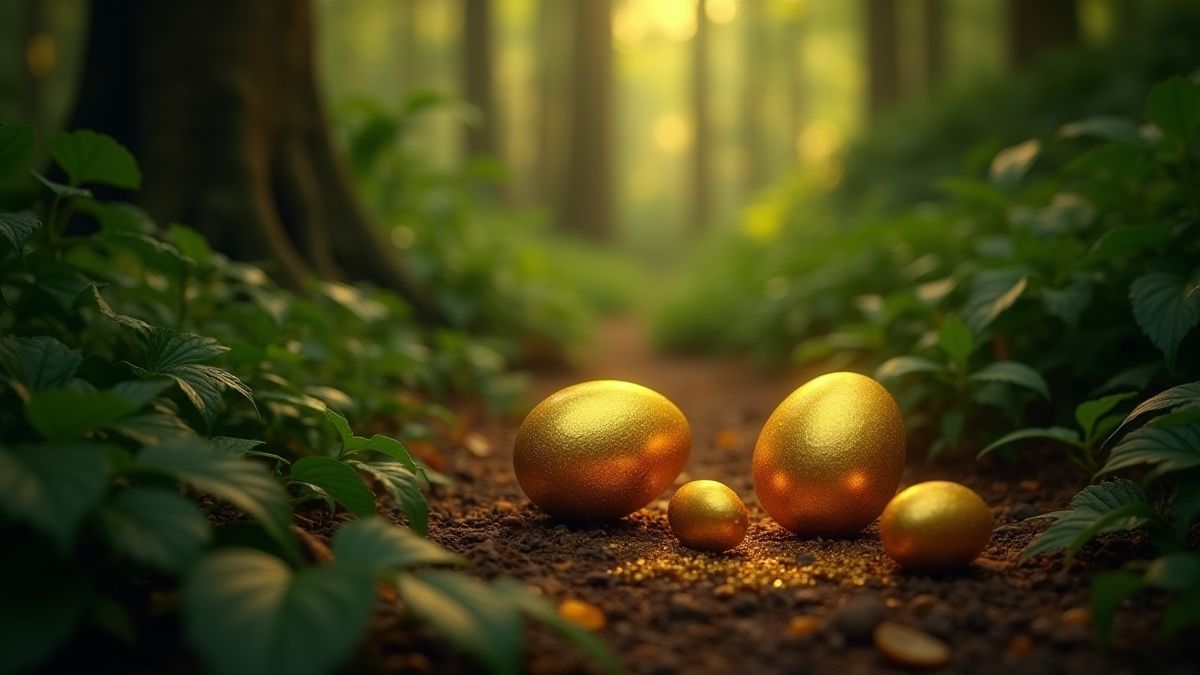Golden eggs shining on the jungle floor
