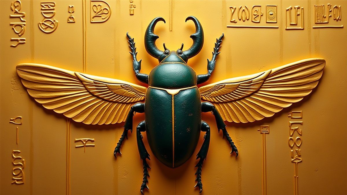 Escaravelho dourado com hieróglifos de fundo