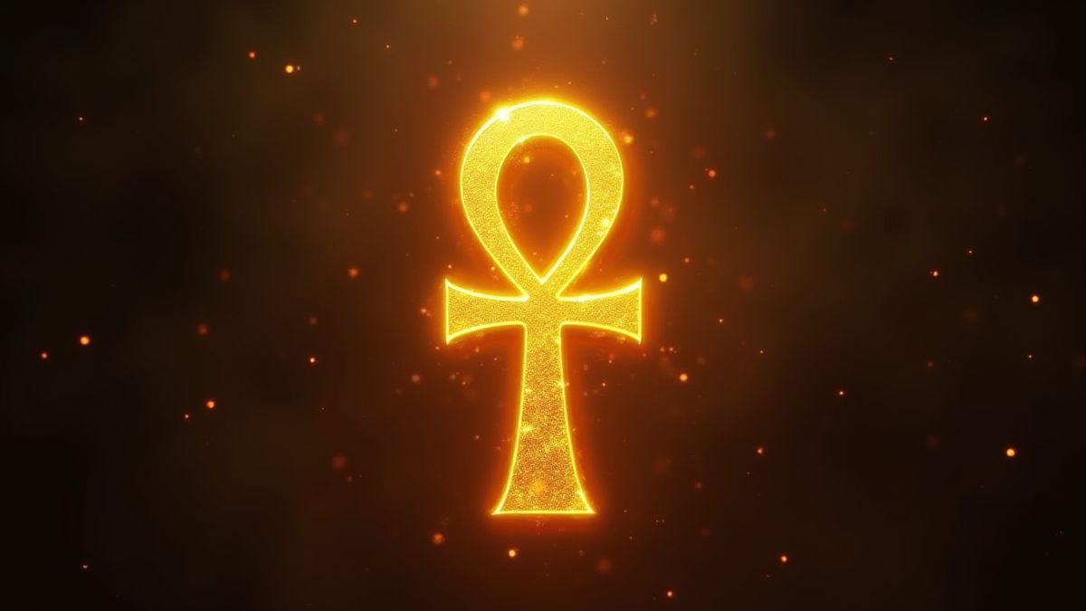 Símbolo de Ankh dourado em fundo místico egípcio
